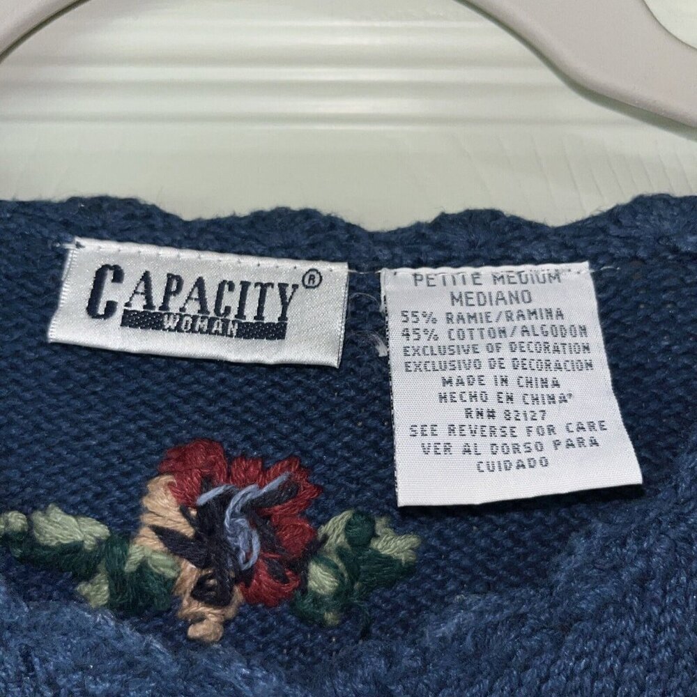 Capacity Woman Blue Embroidery Floral Rose Button Petite Medium Cardigan Sweater - Picture 3 of 15